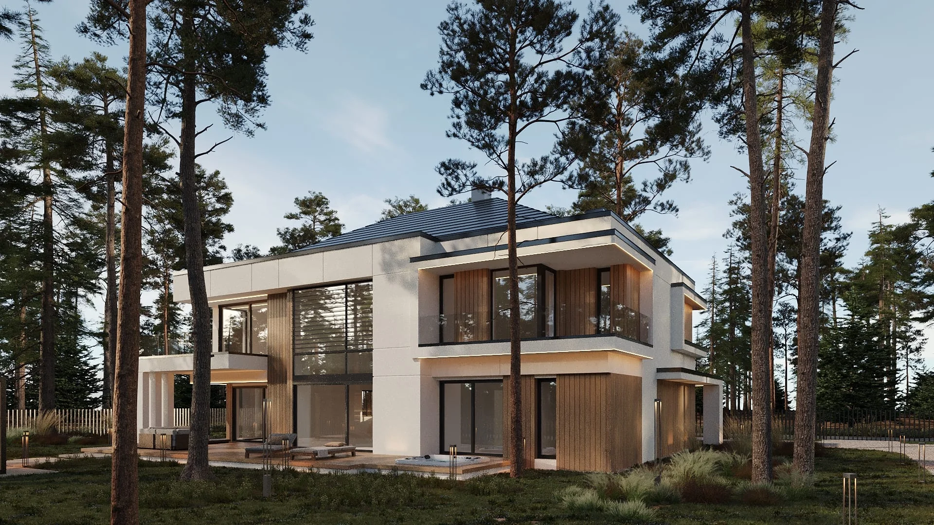 Relaksowa Residence — widok od ogrodu przy zmierzchu