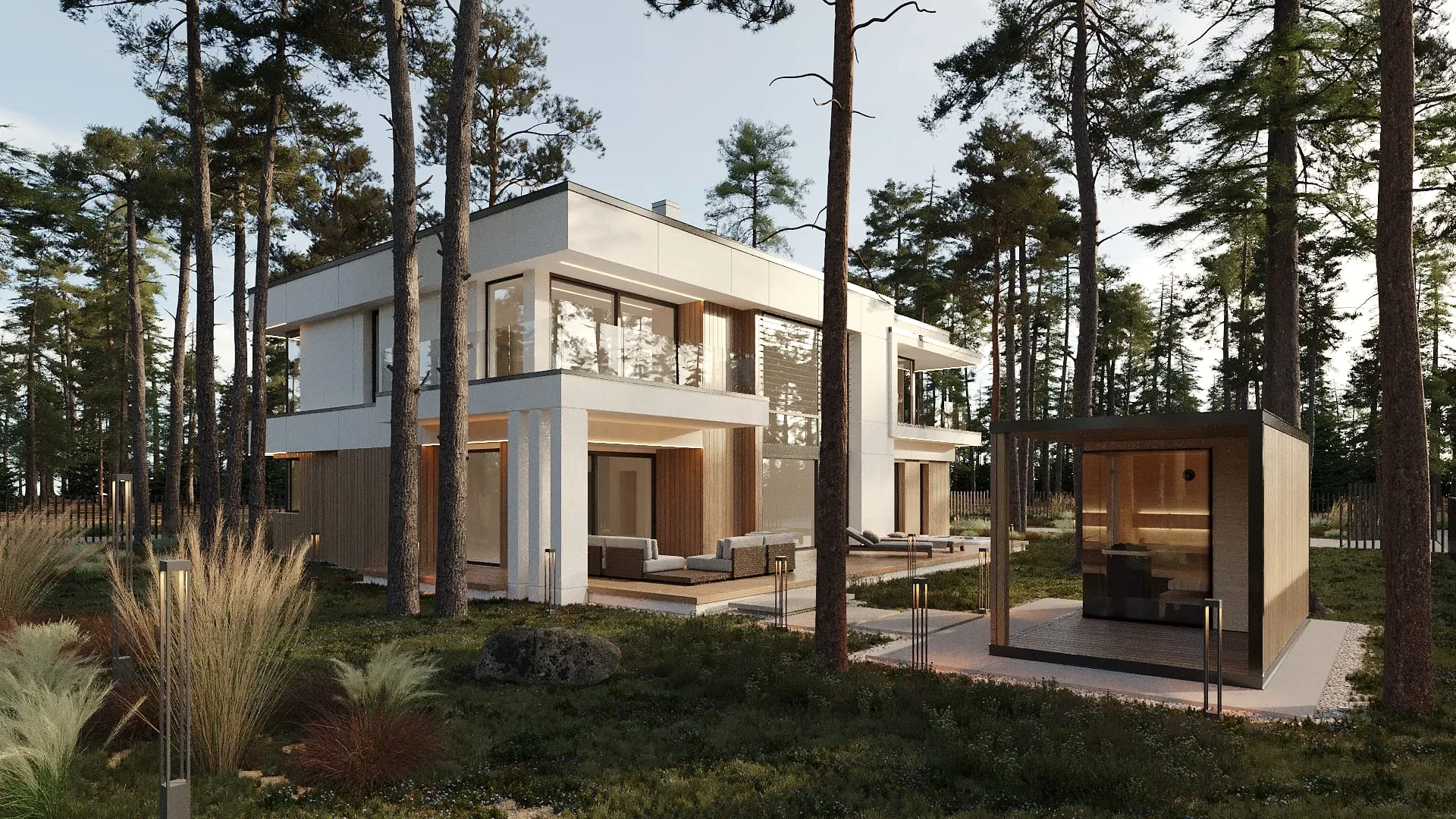 Taras i wolnostojąca sauna ogrodowa